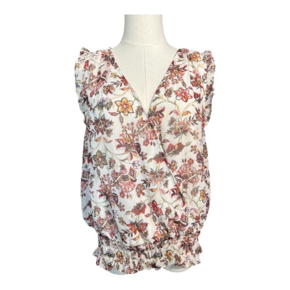 EUC Eclair women’s floral wrap sleeveless top white pink gold | size L